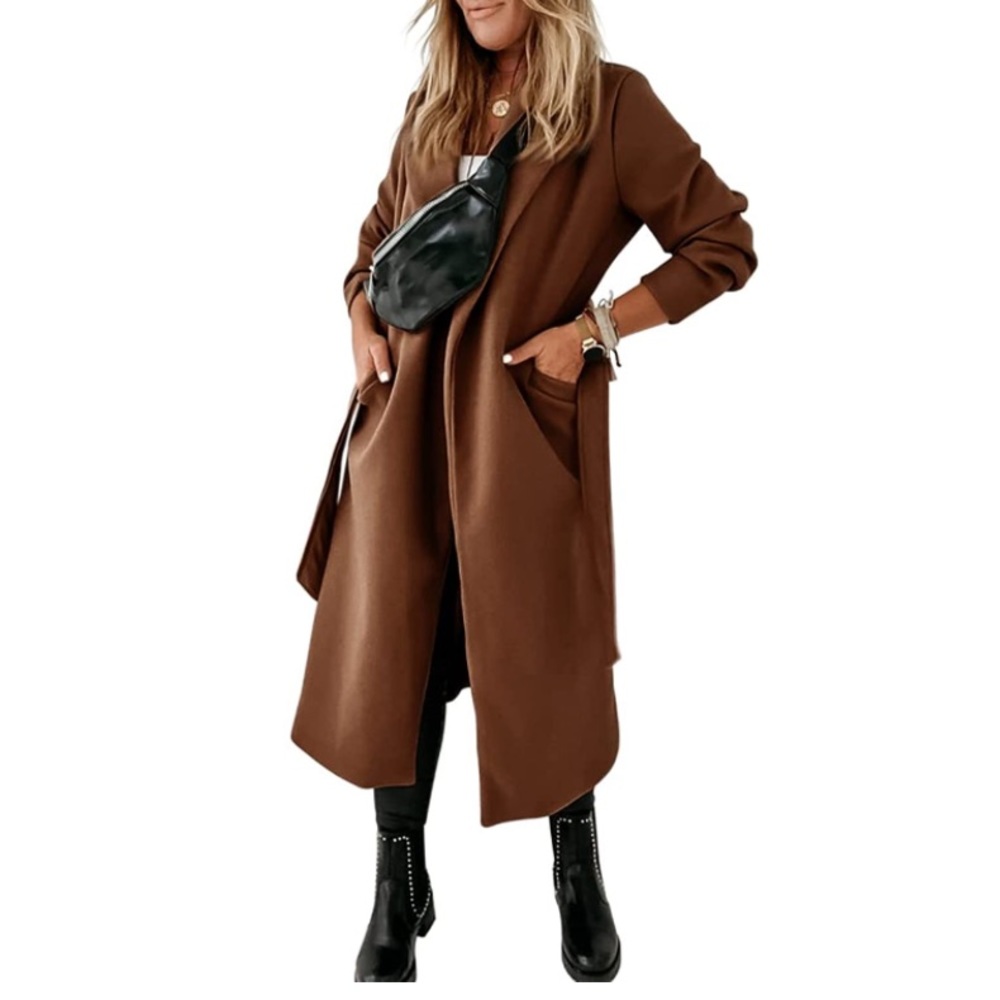Brown Classic Coat Lapel Collar Open Front Belted Long Jacket - Picture 4 of 6